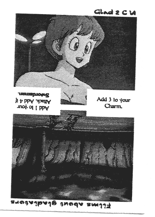 Scan of 'Glad 2 C U / Films about gladiators' playtest card