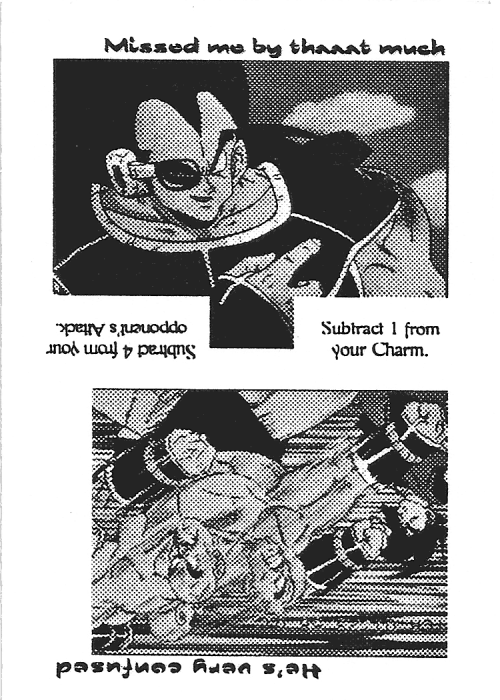 Scan of 'Missed me by thaaat much / He's very confused' playtest card