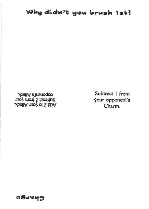 Scan of 'Why didn't you brush 1st? / Charge' playtest card