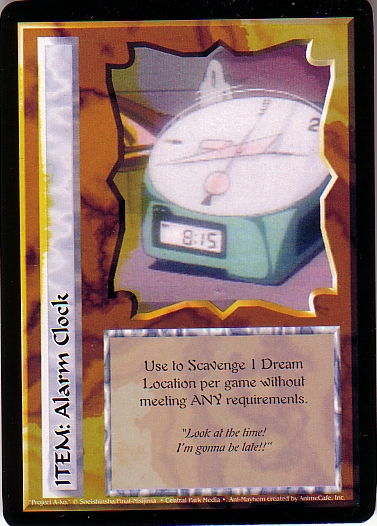 Misprinted 'Alarm Clock' card, with a yellow run over the title bar and left half of image.